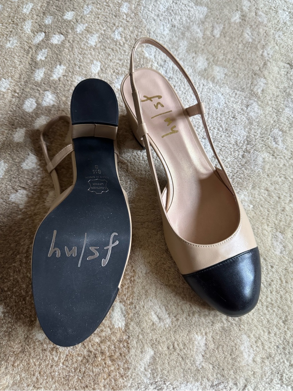 French Sole Two-Tone Slingback Pumps in Beige and Black - Picture 2 of 5